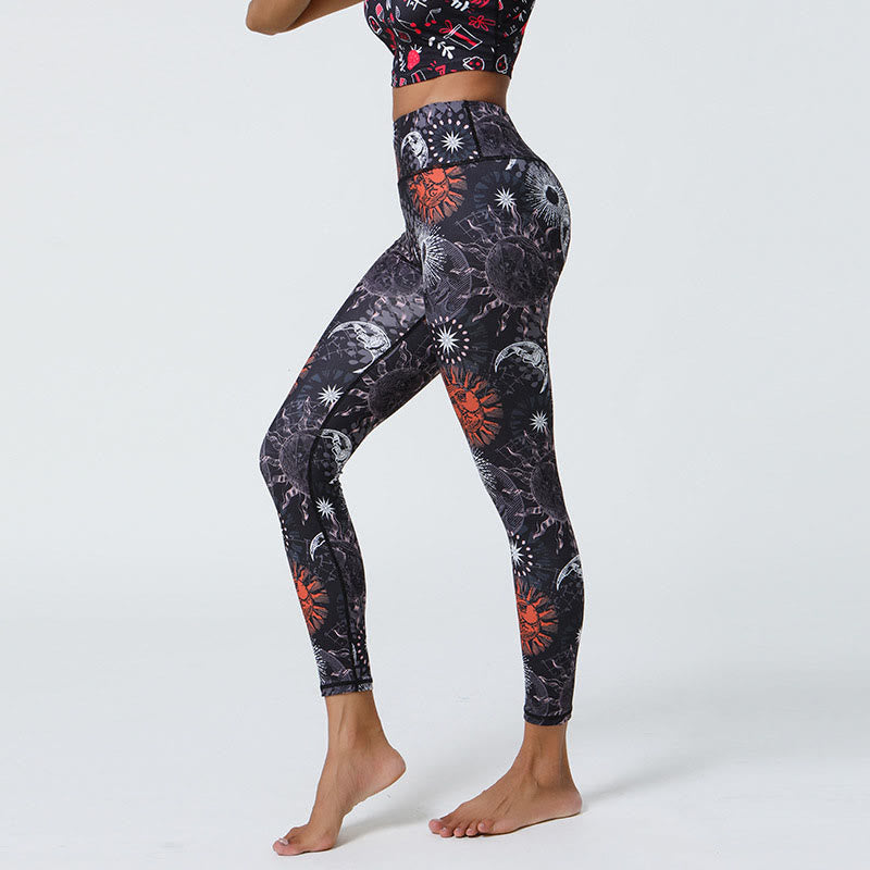 Mythstone Flowers Feathers Sun Moon Print Sports Fitness Yoga High Waist Leggings Women's Pants