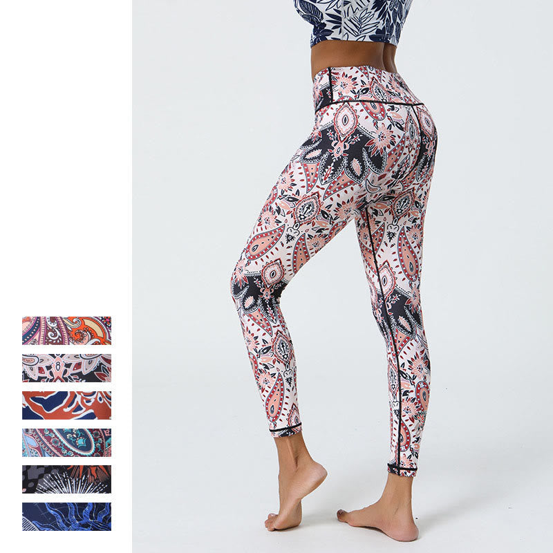 Mythstone Flowers Feathers Sun Moon Print Sports Fitness Yoga High Waist Leggings Women's Pants