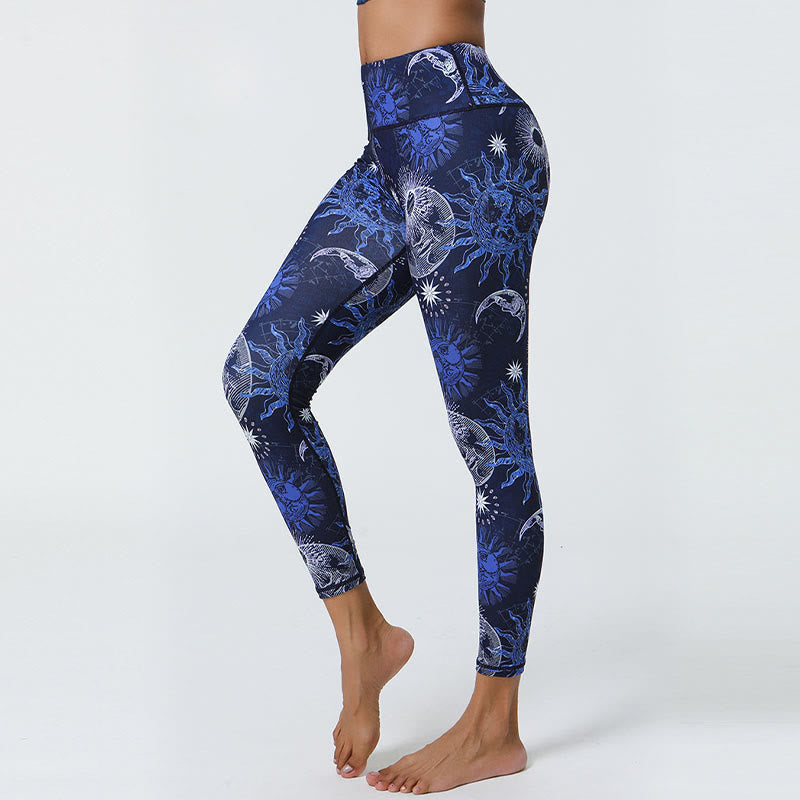 Mythstone Flowers Feathers Sun Moon Print Sports Fitness Yoga High Waist Leggings Women's Pants