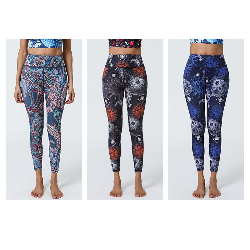 Mythstone Flowers Feathers Sun Moon Print Sports Fitness Yoga High Waist Leggings Women's Pants