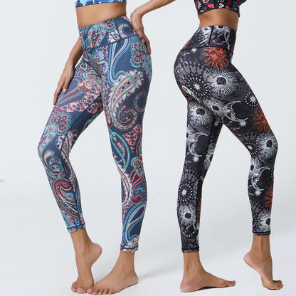 Mythstone Flowers Feathers Sun Moon Print Sports Fitness Yoga High Waist Leggings Women's Pants