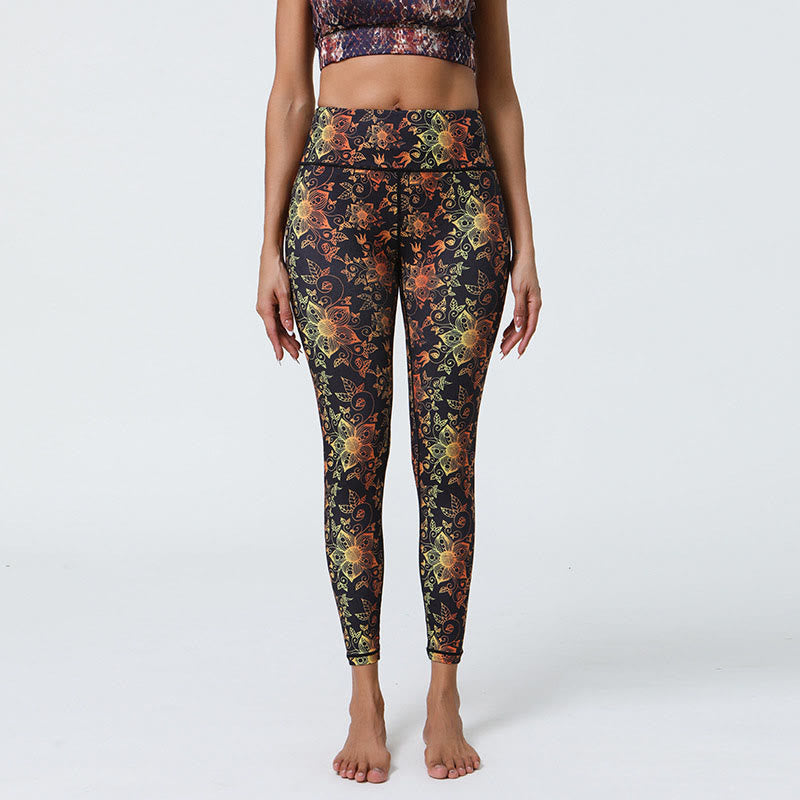 Mythstone Flowers Geometric Mandalas Print Sports Fitness Yoga High Waist Leggings Women's Pants