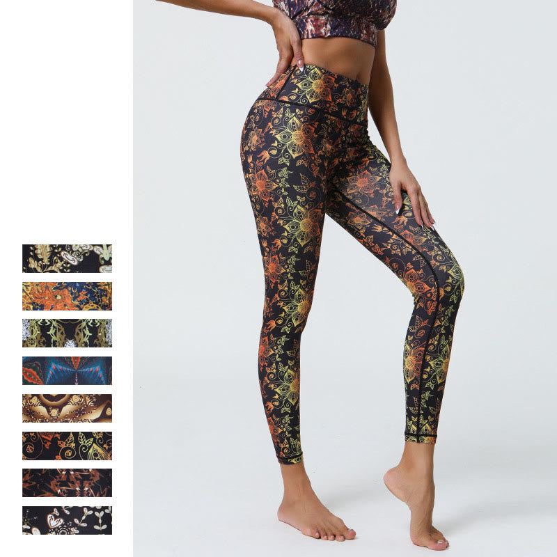 Mythstone Flowers Geometric Mandalas Print Sports Fitness Yoga High Waist Leggings Women's Pants