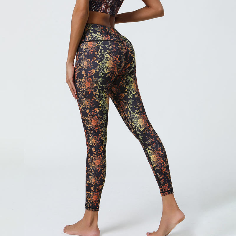 Mythstone Flowers Geometric Mandalas Print Sports Fitness Yoga High Waist Leggings Women's Pants