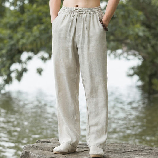 Mythstone Solid Color Linen Men's Wide Leg Pants With Pockets