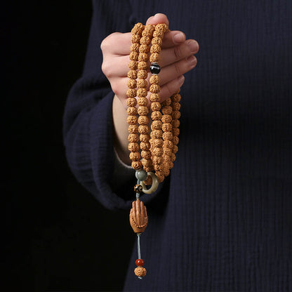 Pulsera de riqueza con amuleto de mano de Buda con cuentas Dzi de tres ojos y semilla de Bodhi de Mythstone 