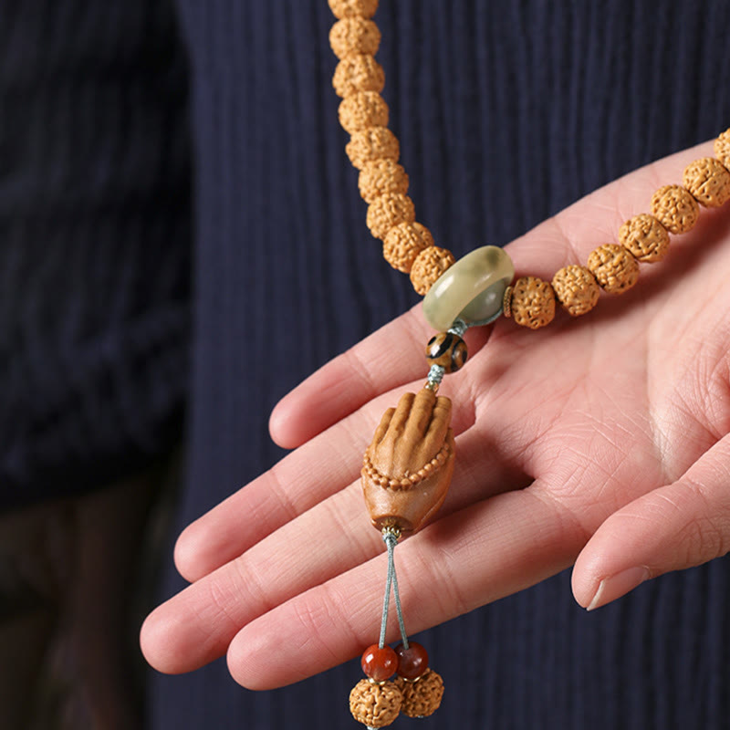 Pulsera de riqueza con amuleto de mano de Buda con cuentas Dzi de tres ojos y semilla de Bodhi de Mythstone 