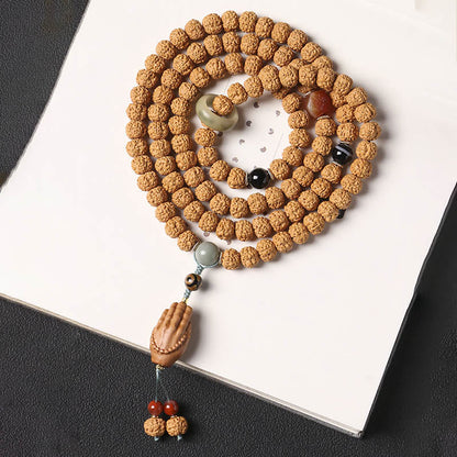 Pulsera de riqueza con amuleto de mano de Buda con cuentas Dzi de tres ojos y semilla de Bodhi de Mythstone 