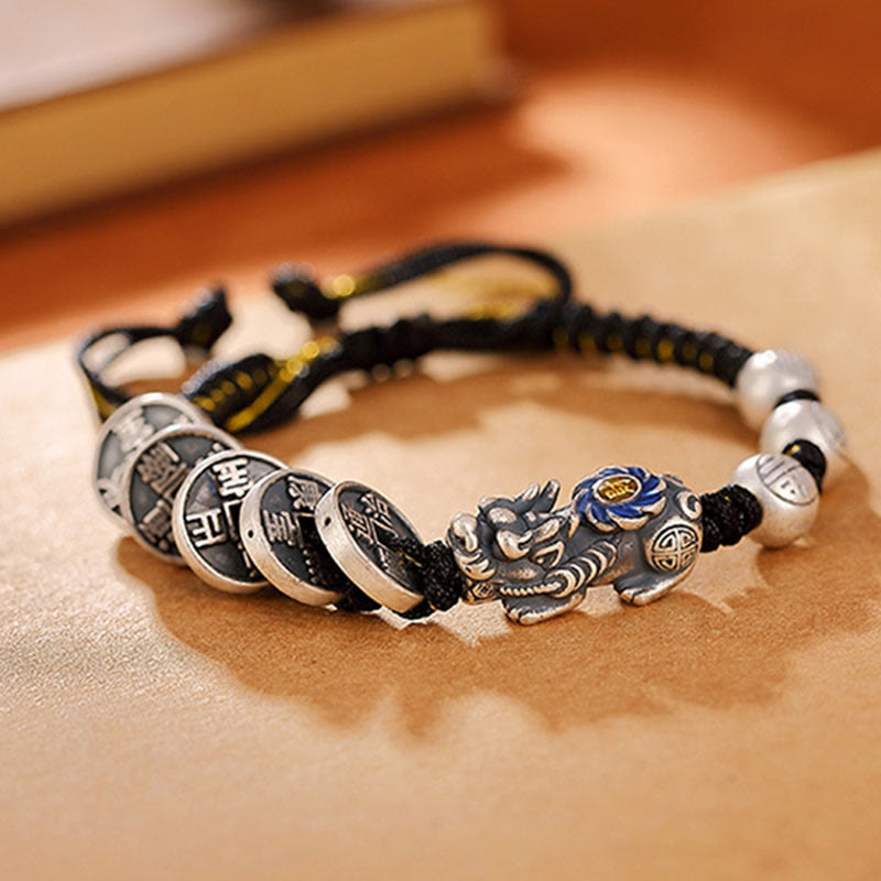 Mythstone 999 Sterling Silver FengShui PiXiu Copper Coin Fu Character Wealth Braided Bracelet