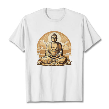 Camiseta con diseño de Buda y nubes auspiciosas del sol y la piedra mitológica 