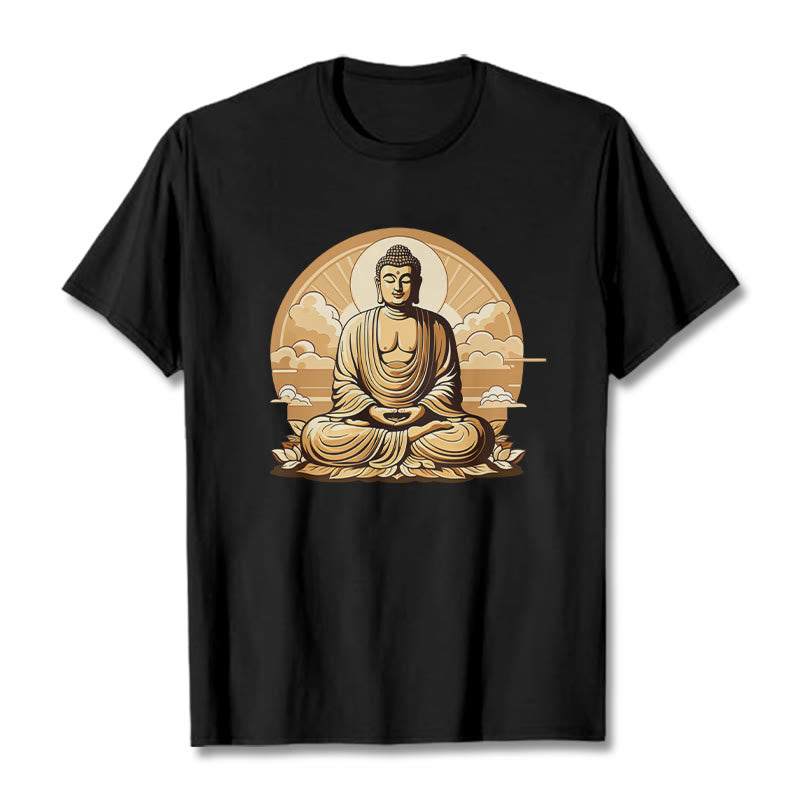 Camiseta con diseño de Buda y nubes auspiciosas del sol y la piedra mitológica 