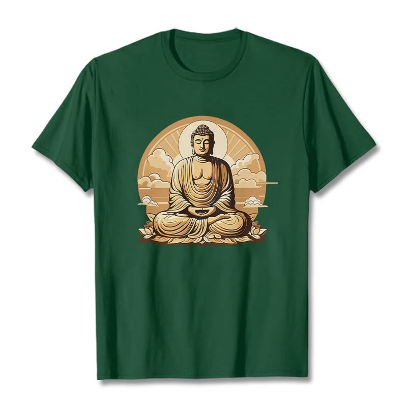 Camiseta con diseño de Buda y nubes auspiciosas del sol y la piedra mitológica 