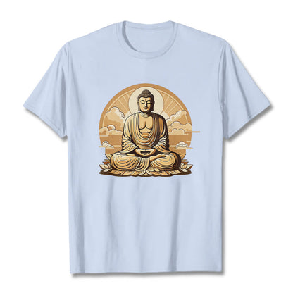 Camiseta con diseño de Buda y nubes auspiciosas del sol y la piedra mitológica 