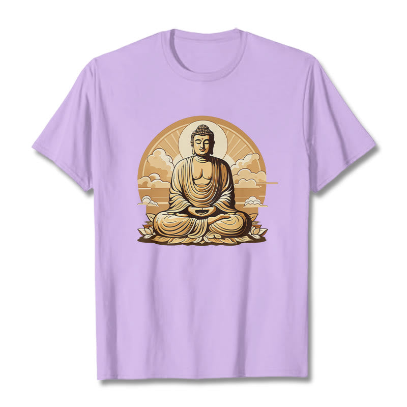 Camiseta con diseño de Buda y nubes auspiciosas del sol y la piedra mitológica 