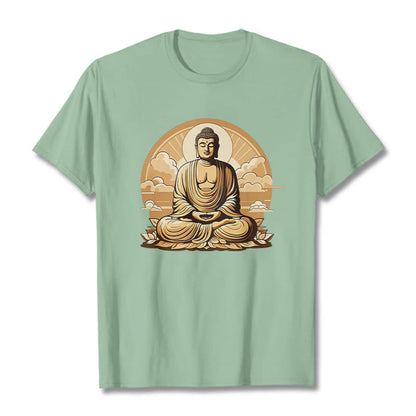 Camiseta con diseño de Buda y nubes auspiciosas del sol y la piedra mitológica 