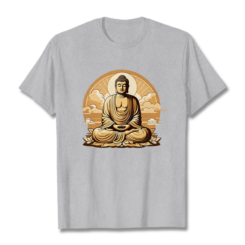 Camiseta con diseño de Buda y nubes auspiciosas del sol y la piedra mitológica 