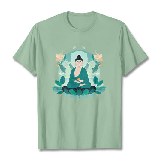 Mythstone Close Eyes Green Leaf Buddha Tee T-shirt