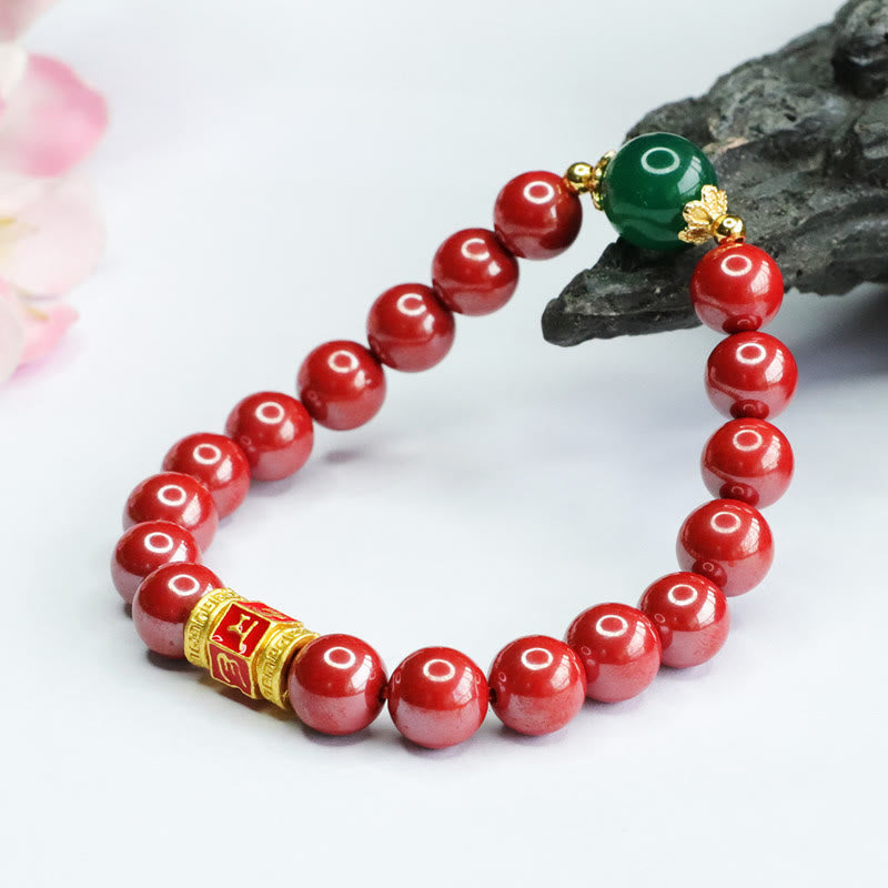 Mythstone Natural Cinnabar Green Agate Om Mani Padme Hum Pattern Blessing Bracelet