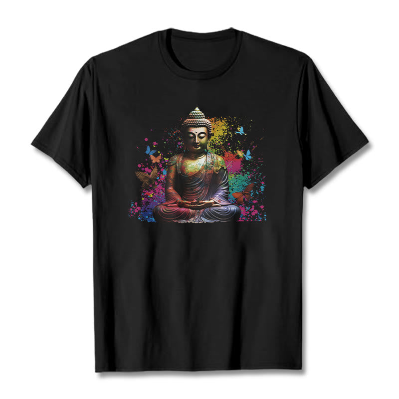 Mythstone Colorful Butterfly Flying Meditation Buddha Tee T-shirt