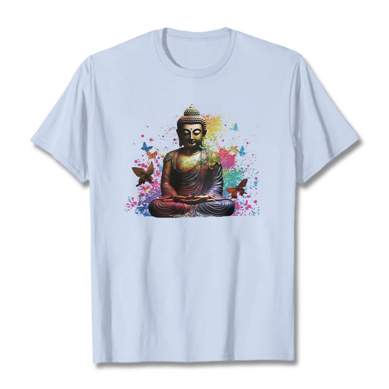 Mythstone Colorful Butterfly Flying Meditation Buddha Tee T-shirt