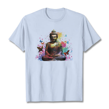 Mythstone Colorful Butterfly Flying Meditation Buddha Tee T-shirt