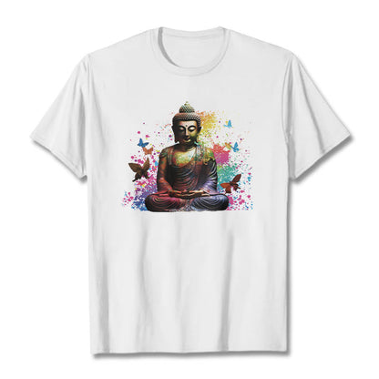 Mythstone Colorful Butterfly Flying Meditation Buddha Tee T-shirt