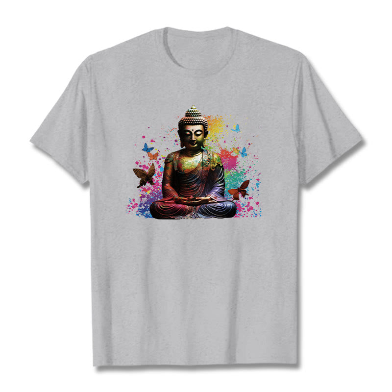 Mythstone Colorful Butterfly Flying Meditation Buddha Tee T-shirt