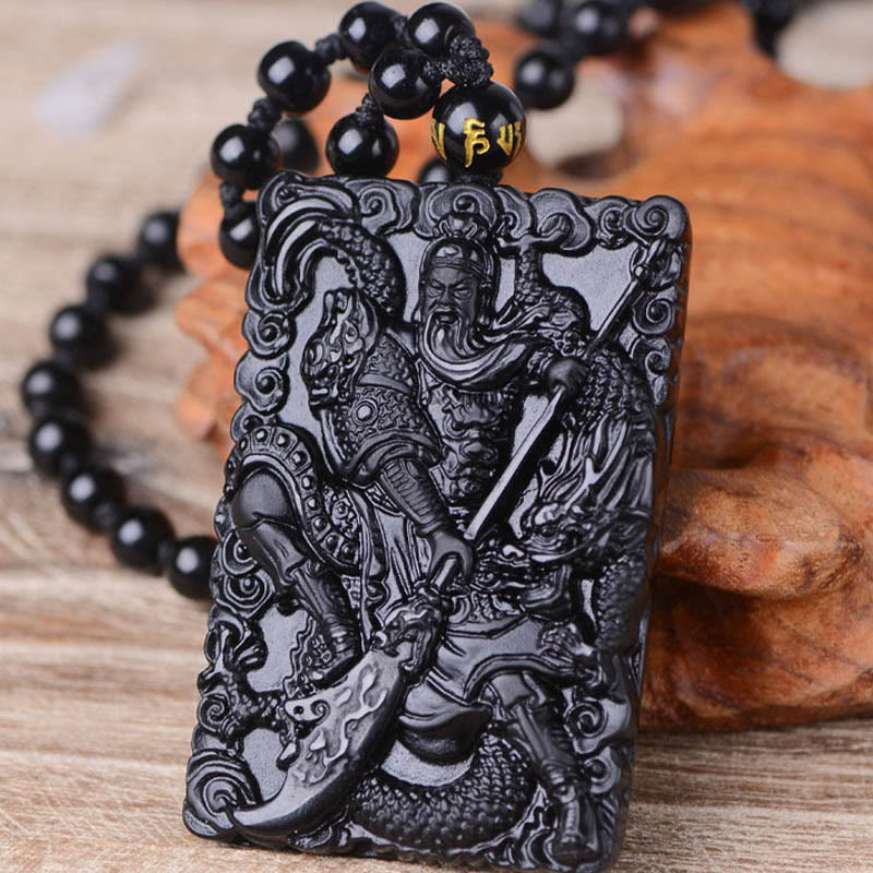 Mythstone Black Obsidian Guan Gong Amulet Engraved Strength Necklace Pendant