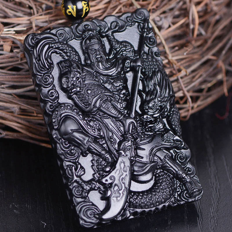 Mythstone Black Obsidian Guan Gong Amulet Engraved Strength Necklace Pendant