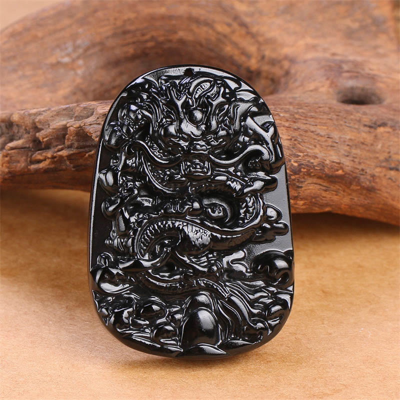 Mythstone Black Obsidian Dragon Carved Luck Protection Necklace Pendant