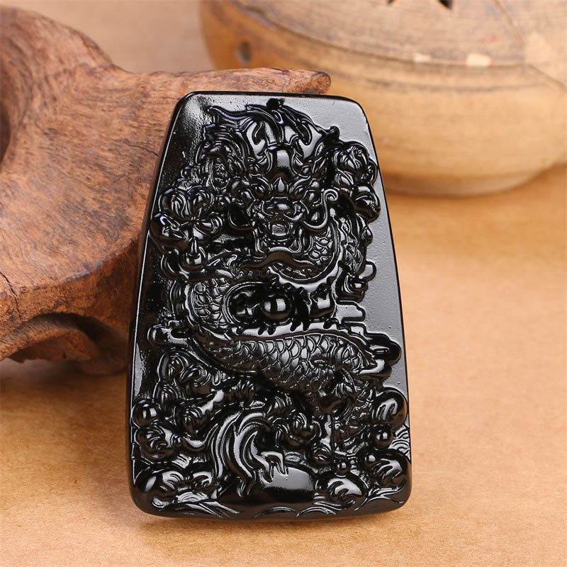 Mythstone Black Obsidian Dragon Carved Luck Protection Necklace Pendant