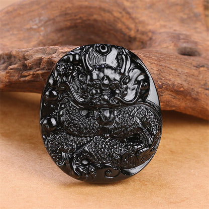 Mythstone Natural Black Obsidian Round Dragon Carved Protection Necklace Pendant