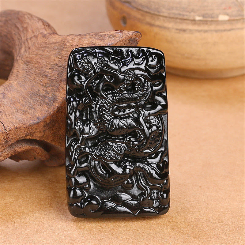 Mythstone Natural Black Obsidian Rectangular Dragon Engraved Success Necklace Pendant