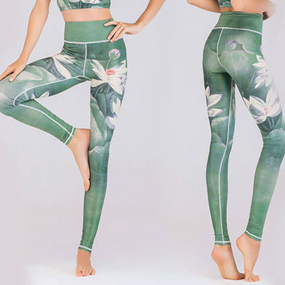 Leggings de fitness de tejido de licra con estampado de pavo real en degradado de flor de cerezo y loto de Mythstone, pantalones de yoga para mujer 