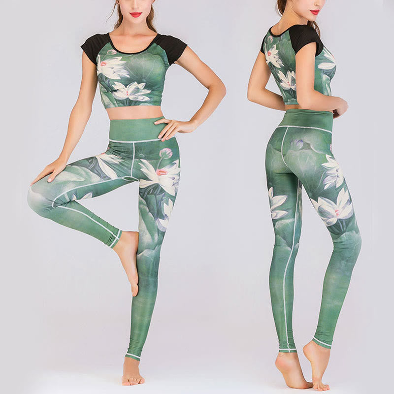 Leggings de fitness de tejido de licra con estampado de pavo real en degradado de flor de cerezo y loto de Mythstone, pantalones de yoga para mujer 