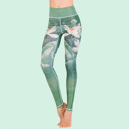 Leggings de fitness de tejido de licra con estampado de pavo real en degradado de flor de cerezo y loto de Mythstone, pantalones de yoga para mujer 