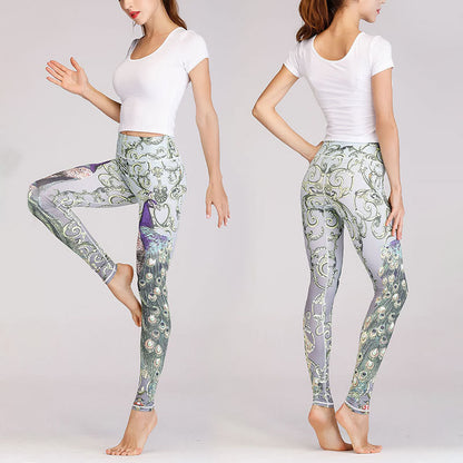 Leggings de fitness de tejido de licra con estampado de pavo real en degradado de flor de cerezo y loto de Mythstone, pantalones de yoga para mujer 