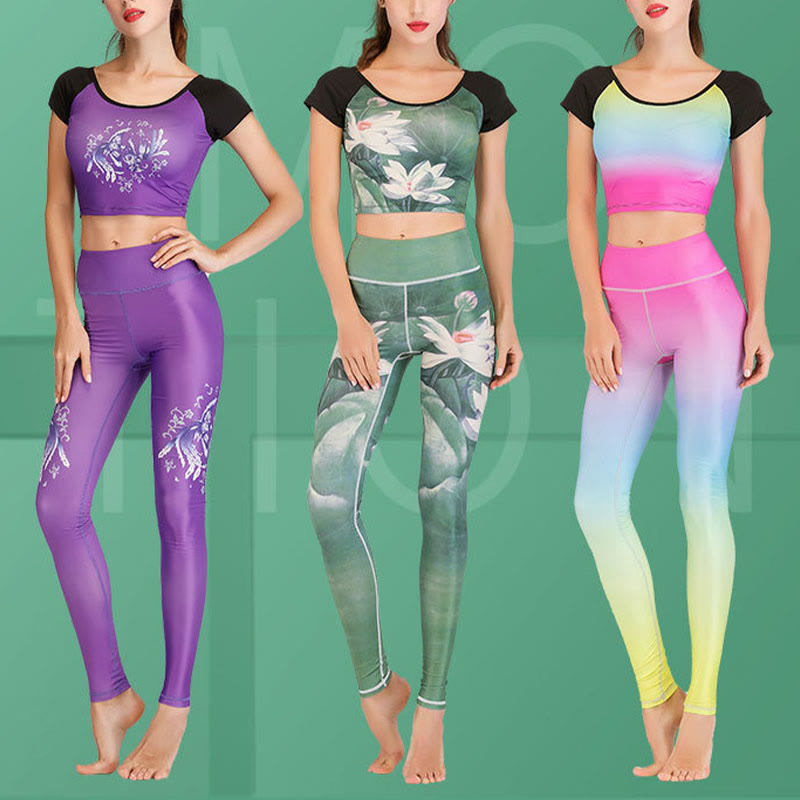 Leggings de fitness de tejido de licra con estampado de pavo real en degradado de flor de cerezo y loto de Mythstone, pantalones de yoga para mujer 