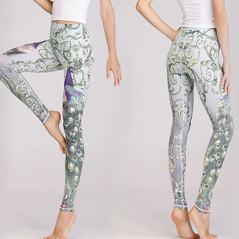 Leggings de fitness de tejido de licra con estampado de pavo real en degradado de flor de cerezo y loto de Mythstone, pantalones de yoga para mujer 