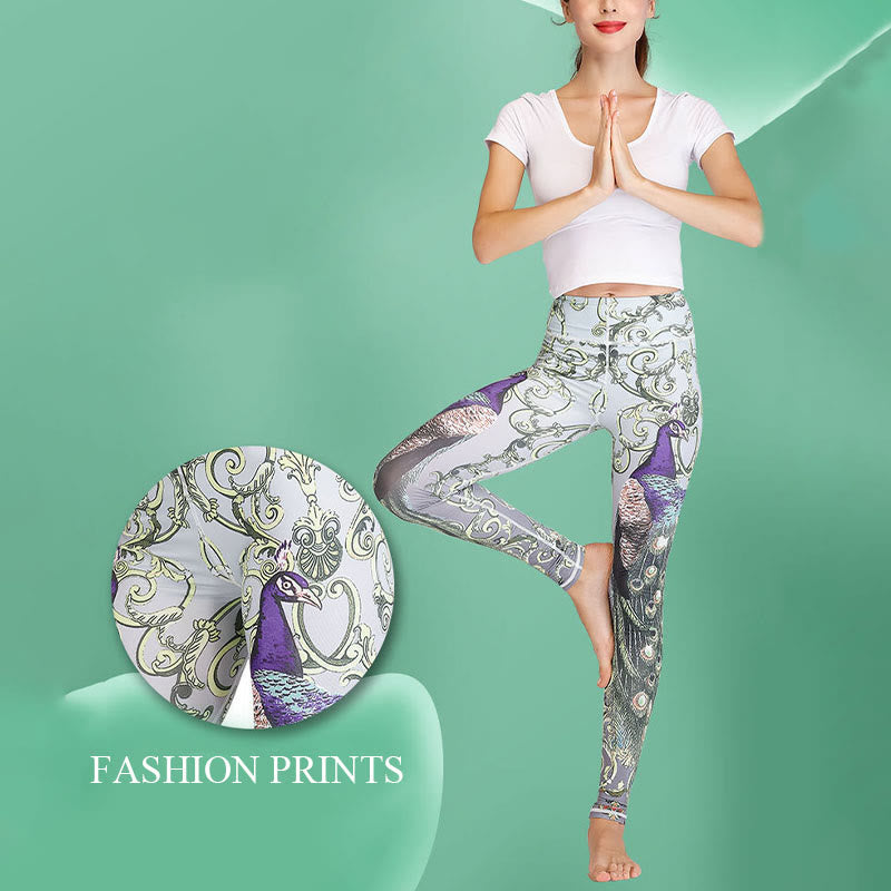 Leggings de fitness de tejido de licra con estampado de pavo real en degradado de flor de cerezo y loto de Mythstone, pantalones de yoga para mujer 