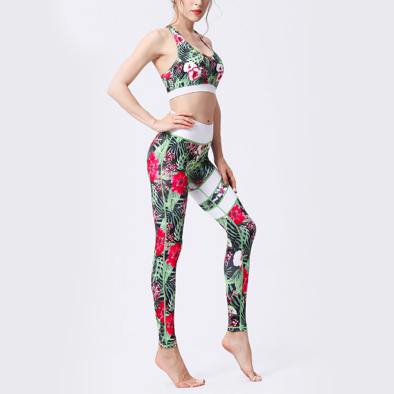 Mythstone Flower Petal Leaves Print Sports Exercise Fitness High Waist Leggings Women's Yoga Pants