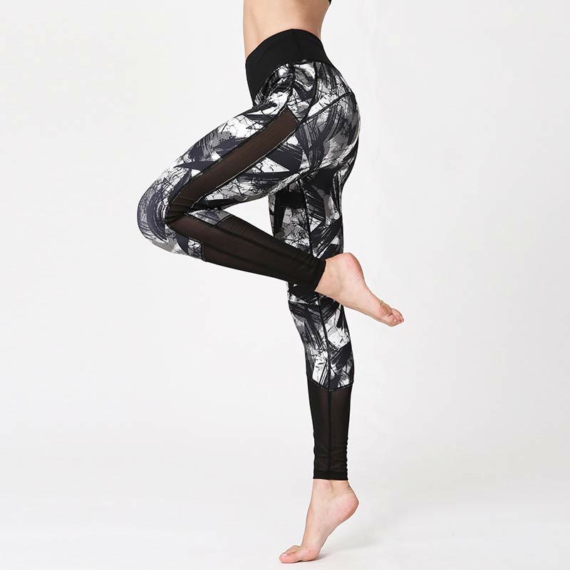 Mythstone White Black Ink Brush Lines Print Sports Fitness Mesh Leggings Women's Yoga Pants