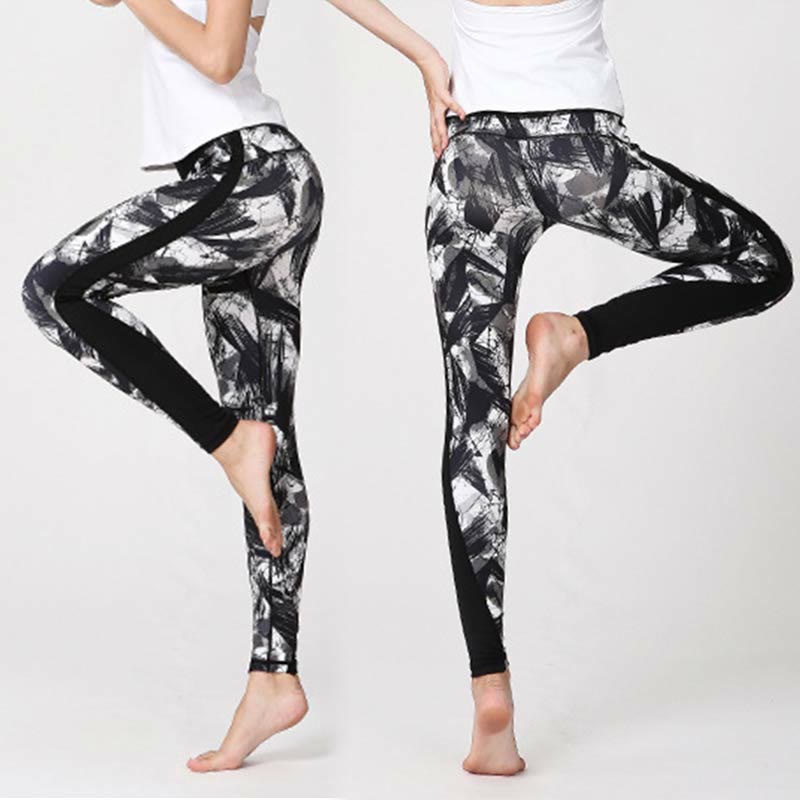 Mythstone White Black Ink Brush Lines Print Sports Fitness Mesh Leggings Women's Yoga Pants