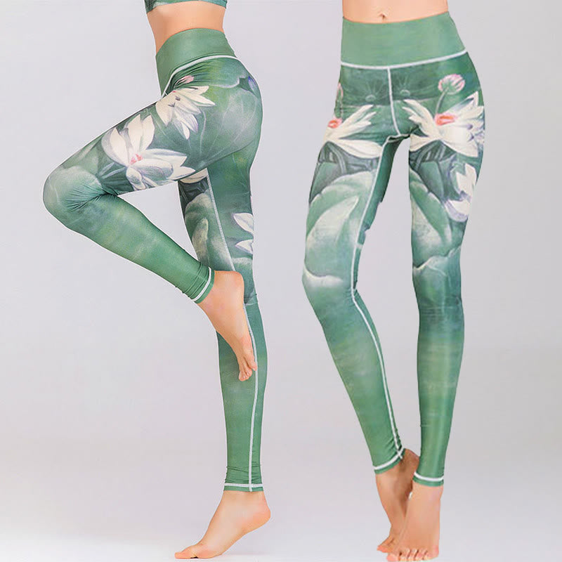 Leggings de fitness de tejido de licra con estampado de pavo real en degradado de flor de cerezo y loto de Mythstone, pantalones de yoga para mujer 