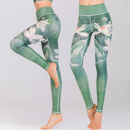 Leggings de fitness de tejido de licra con estampado de pavo real en degradado de flor de cerezo y loto de Mythstone, pantalones de yoga para mujer 