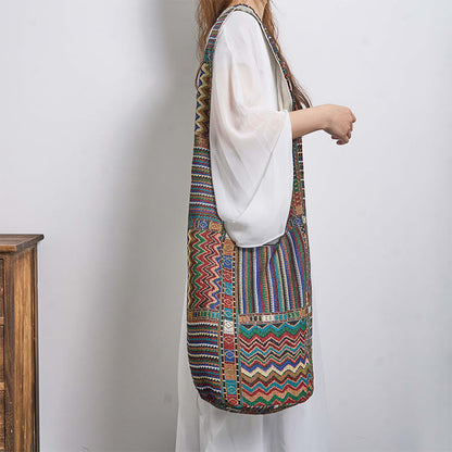 Mythstone Green Brown Waves Pattern Cotton Crossbody Bag Shoulder Bag