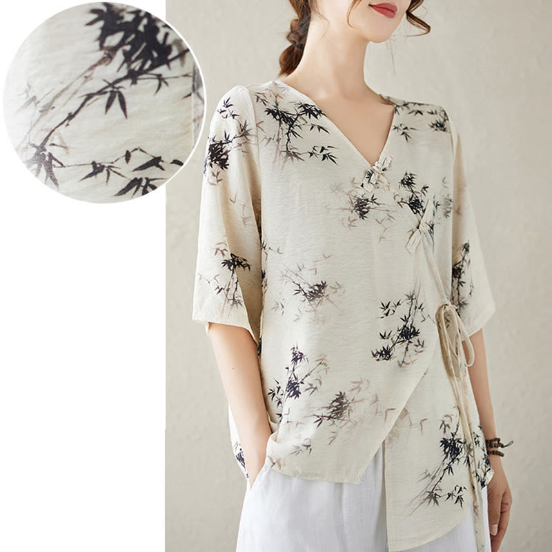 Mythstone Ink Bamboo Leaves Print V-Neck Lace-up Frog-Button Shirt T-shirt Tee