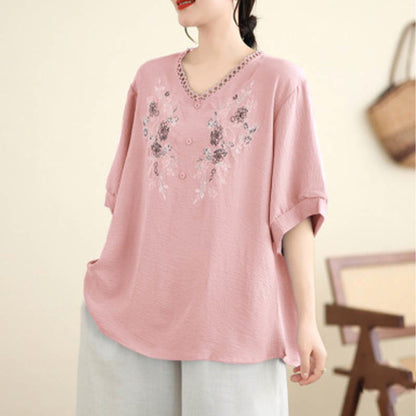 Mythstone Floral Embroidery V-Neck Half Sleeve T-shirt Tee