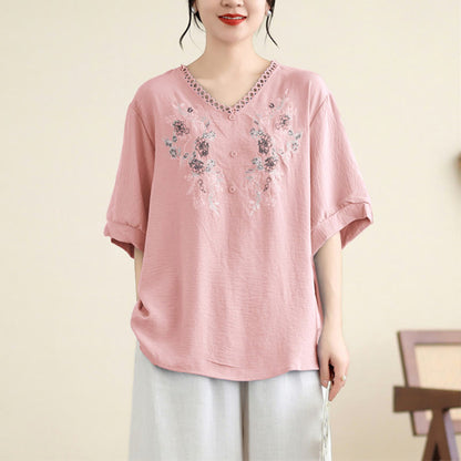 Mythstone Floral Embroidery V-Neck Half Sleeve T-shirt Tee