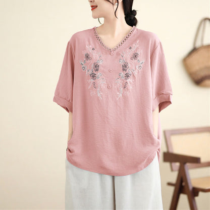 Mythstone Floral Embroidery V-Neck Half Sleeve T-shirt Tee